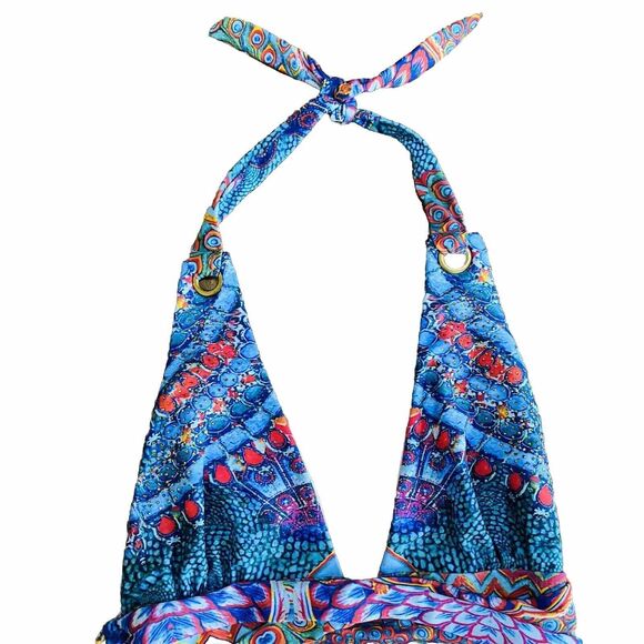 True Colours size M One Piece Swim Suit Halter Multicolor Peacock Print Sparkles - Picture 3 of 9